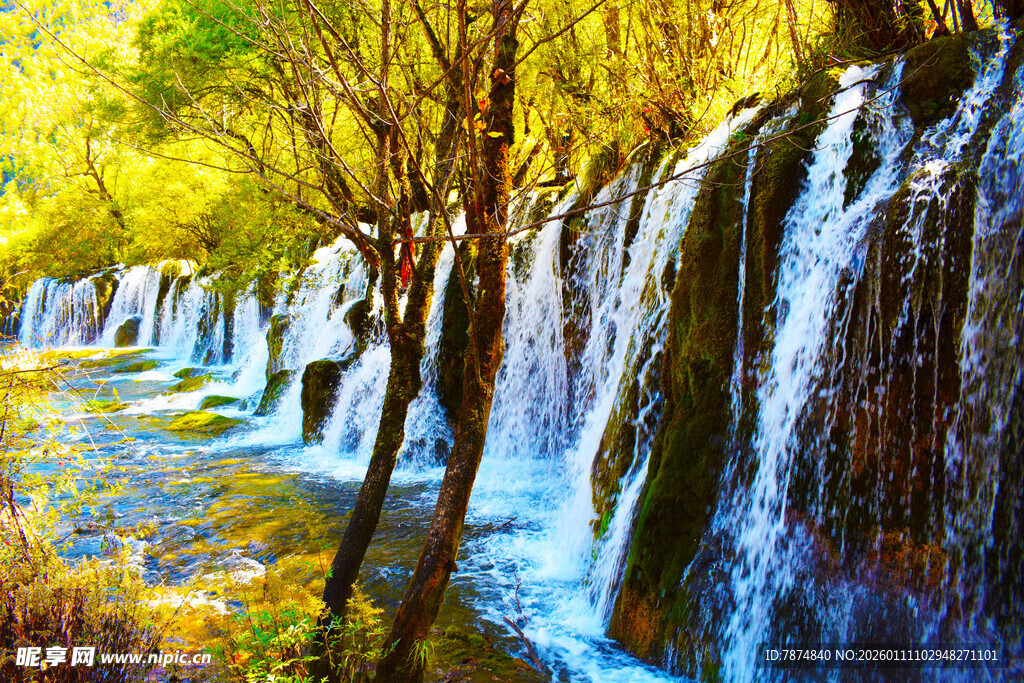 秋日山林中的壮美瀑布