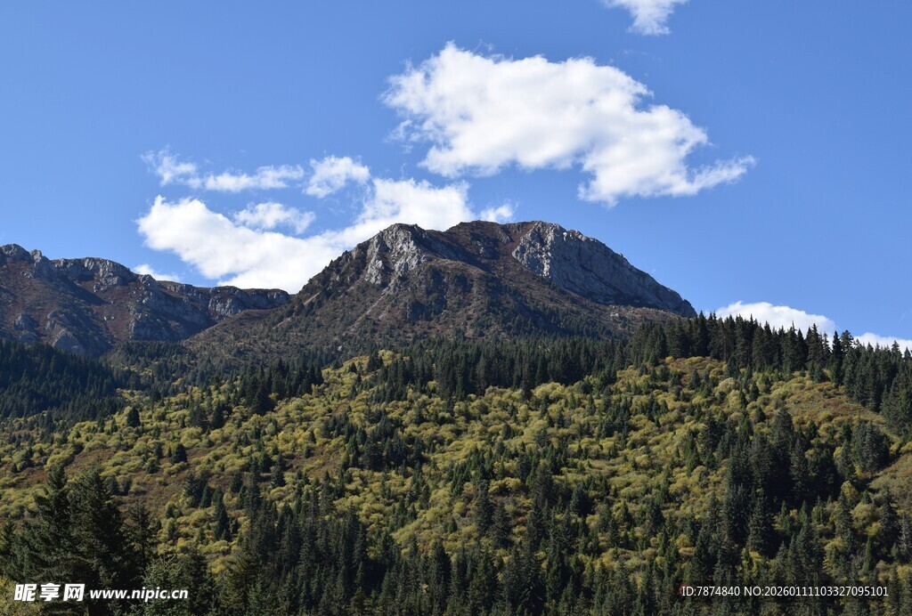 青山巍峨伴蓝天绿树