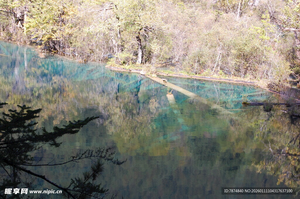 清澈蓝湖与岸边树木倒影