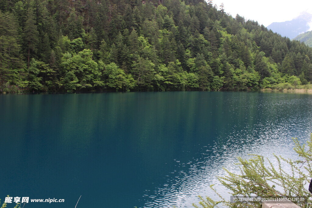 幽蓝湖水伴葱郁山林