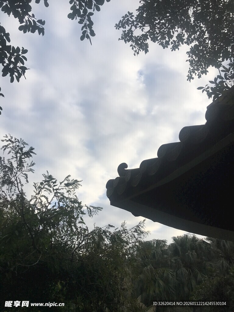 屋檐下的天空与繁茂林木