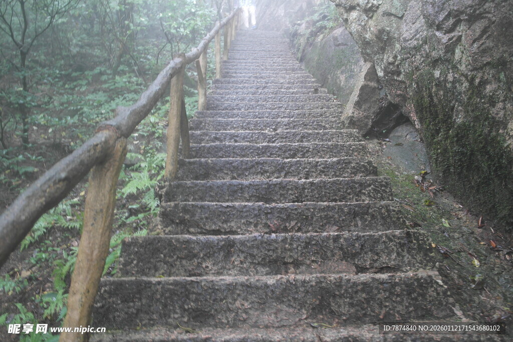 雾中蜿蜒的山林石阶
