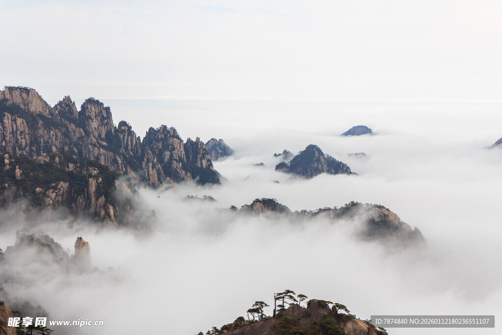 黄山云海中的壮丽山峦