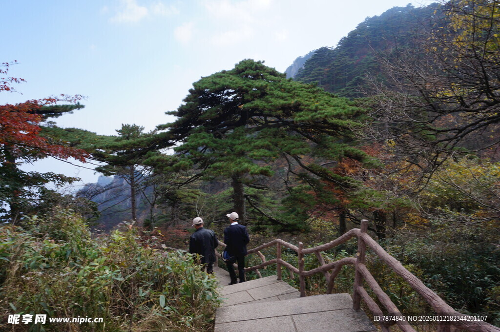 山间木栈道上的漫步游客