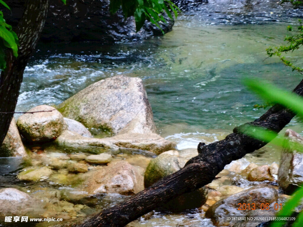 溪边岩石与绿植的自然景致