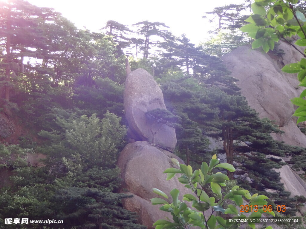 山林间的巨石与葱郁树木