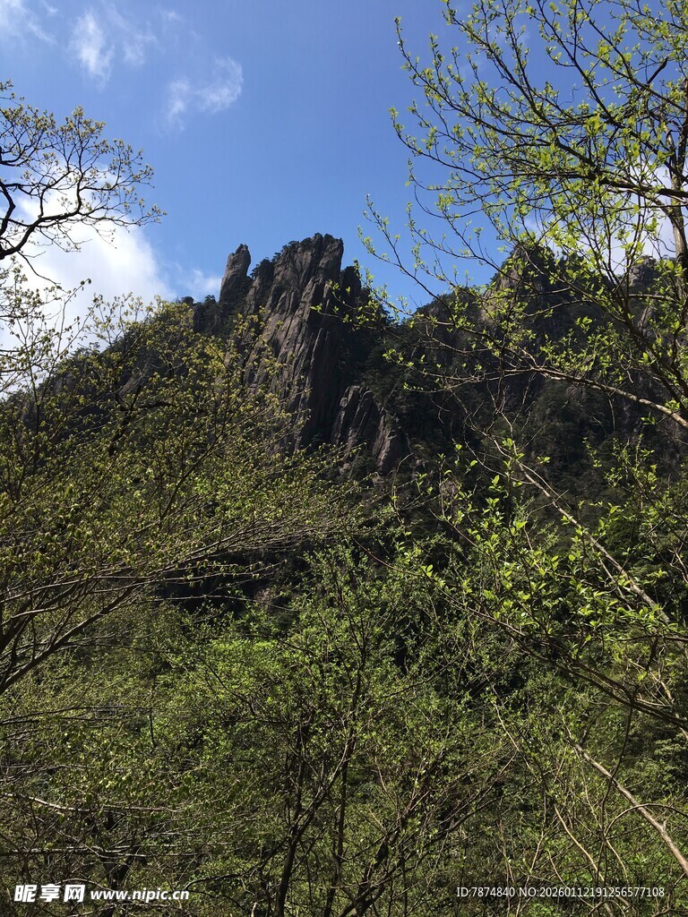 青山绿树间的巍峨山峰