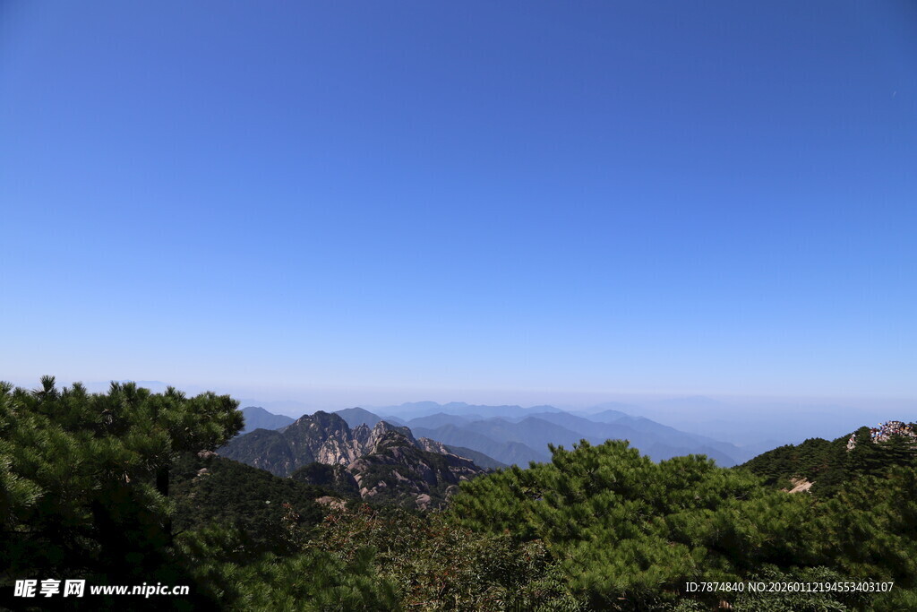 山巅之上的蓝天绿树景观