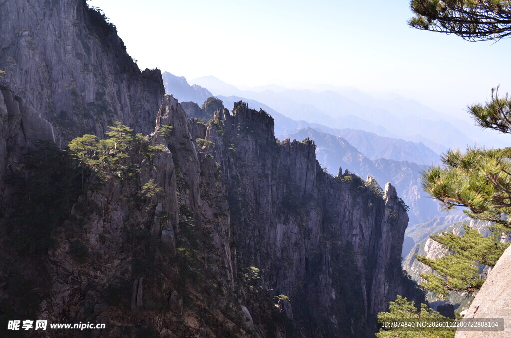 峻峭山峰与葱郁树木景观