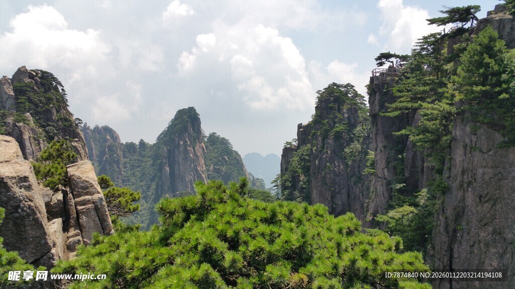 壮美黄山奇峰绿树景观