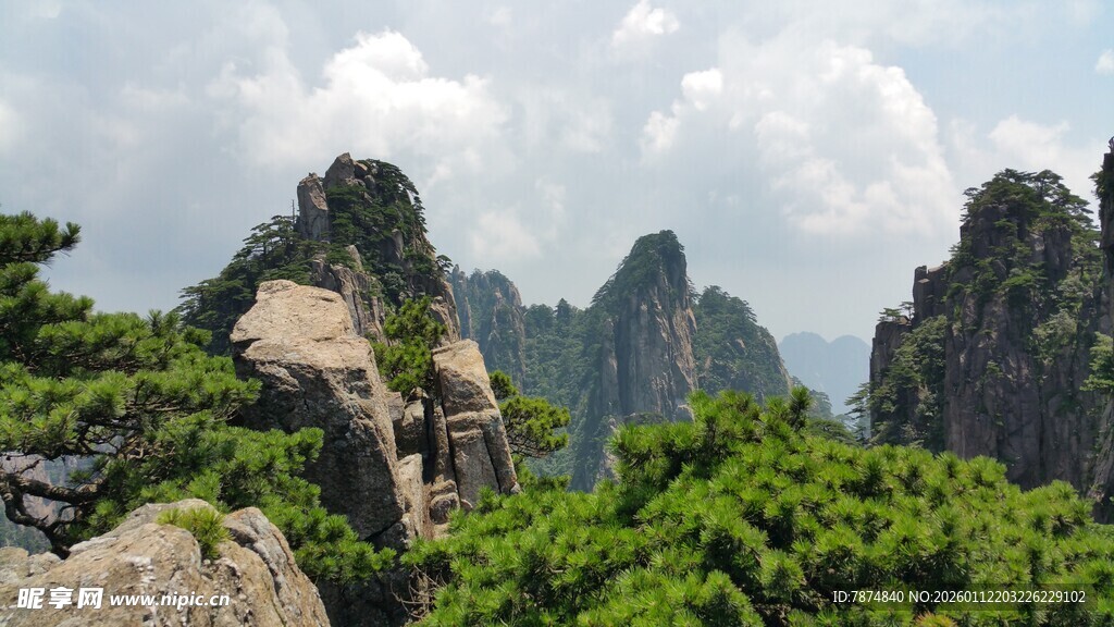 壮丽黄山奇峰与葱郁植被