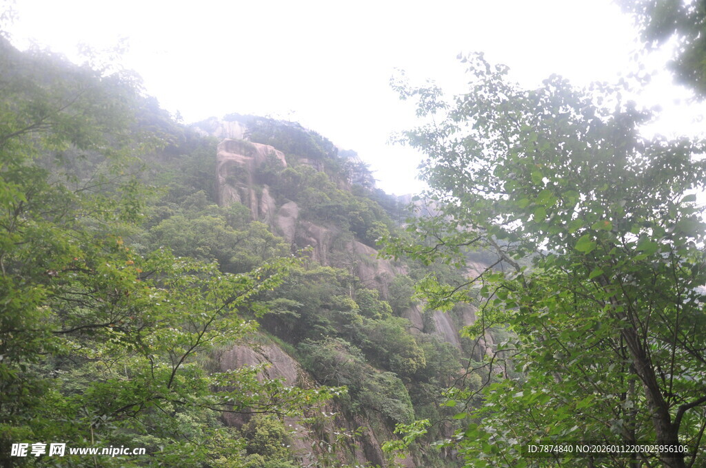 山林葱郁间的朦胧山峰