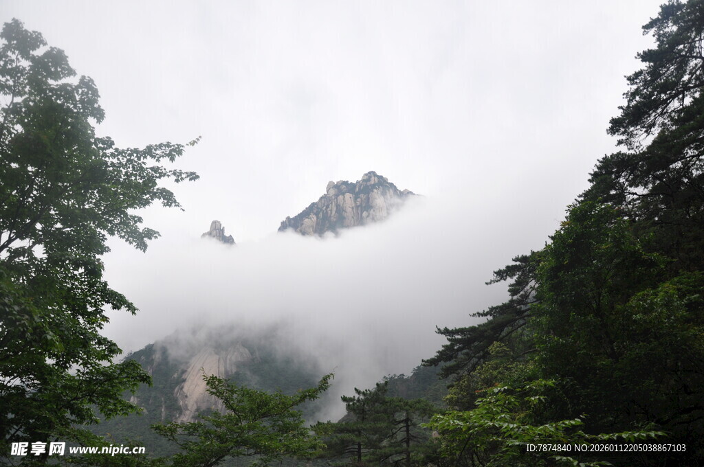 云雾缭绕中的秀丽山峰