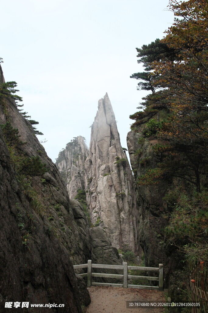 黄山奇峰间的栈道景观