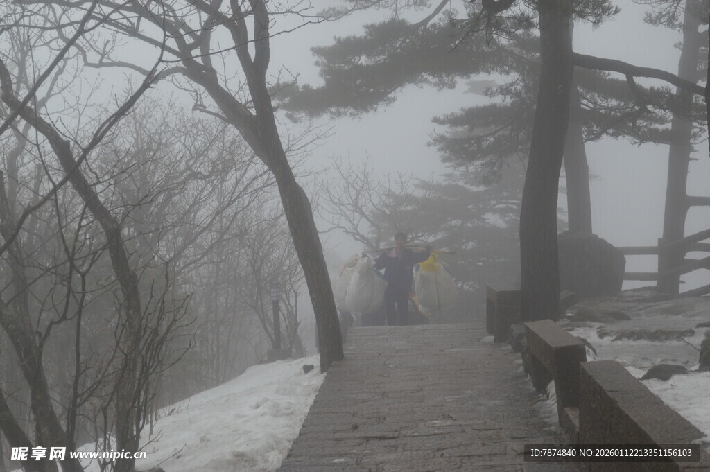 雾中雪径漫步景