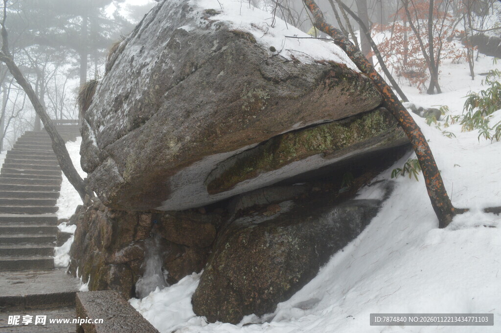 雪覆巨石旁的林间石阶