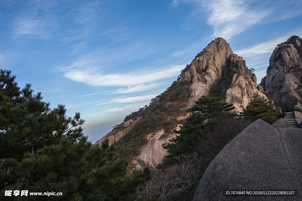 巍峨山峰与葱郁树木景观
