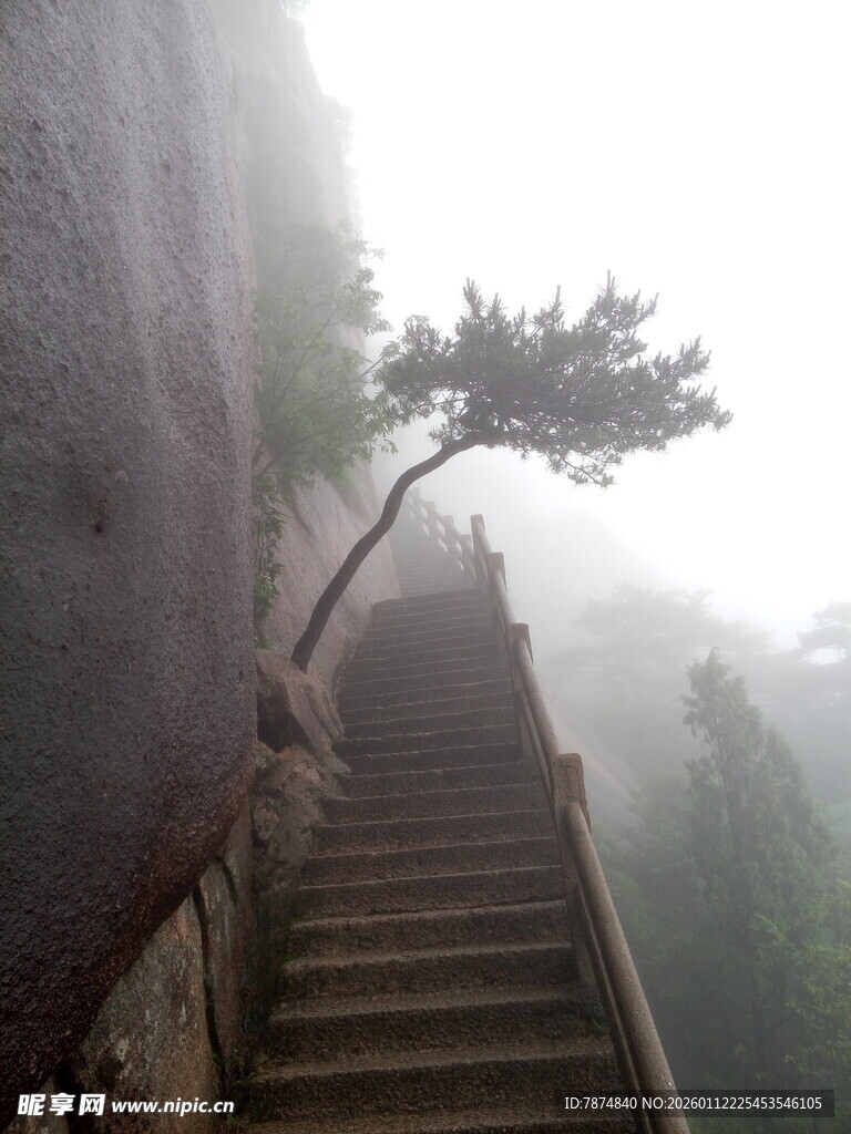 雾中峭壁旁的蜿蜒石阶