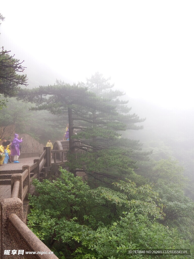 雾中栈道上的游客身影