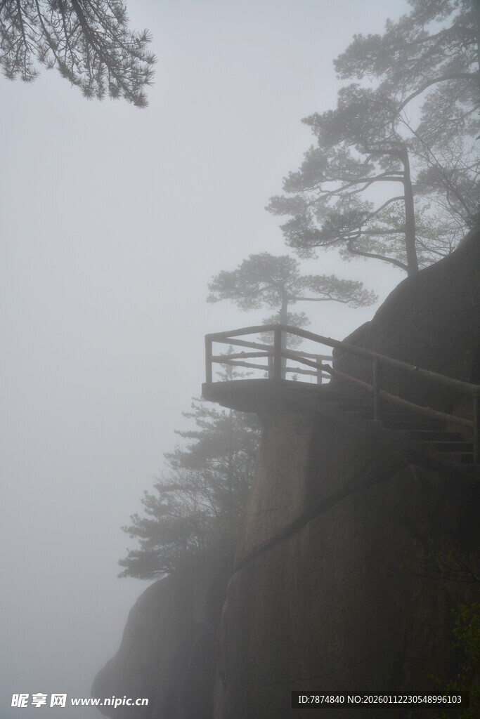 雾中悬崖栈道景观