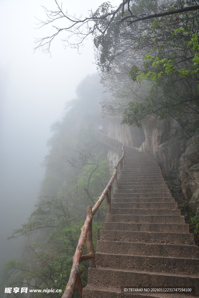 雾中蜿蜒的山间石阶