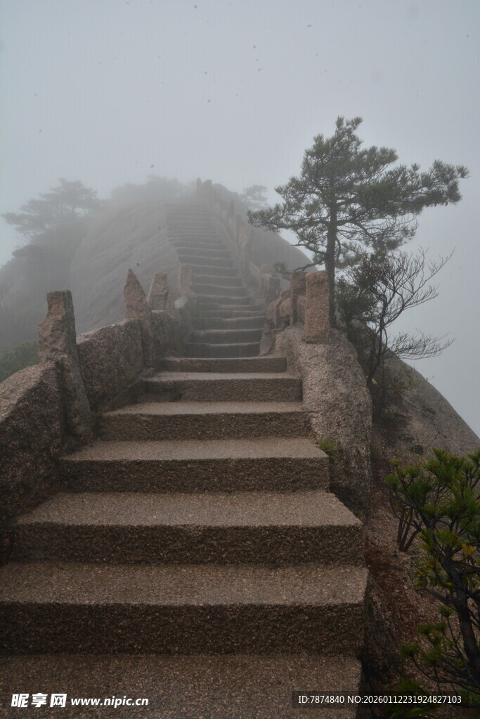 雾中石阶 山间静谧景致