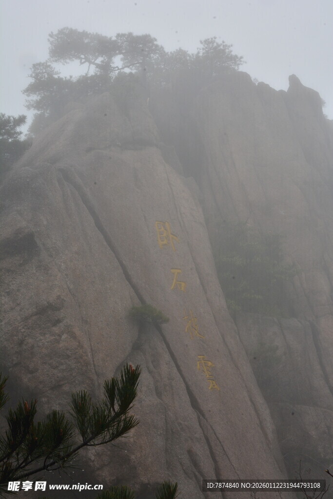 雾中峻峭山峰与孤松