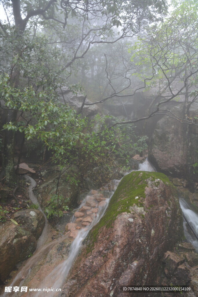 山间雾中溪流美景