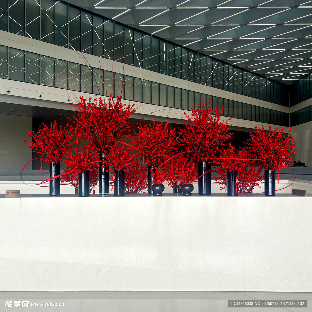 城市中艳丽的红色树木景观