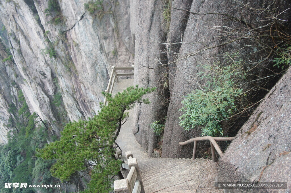 山间陡峭石阶 绿植相伴