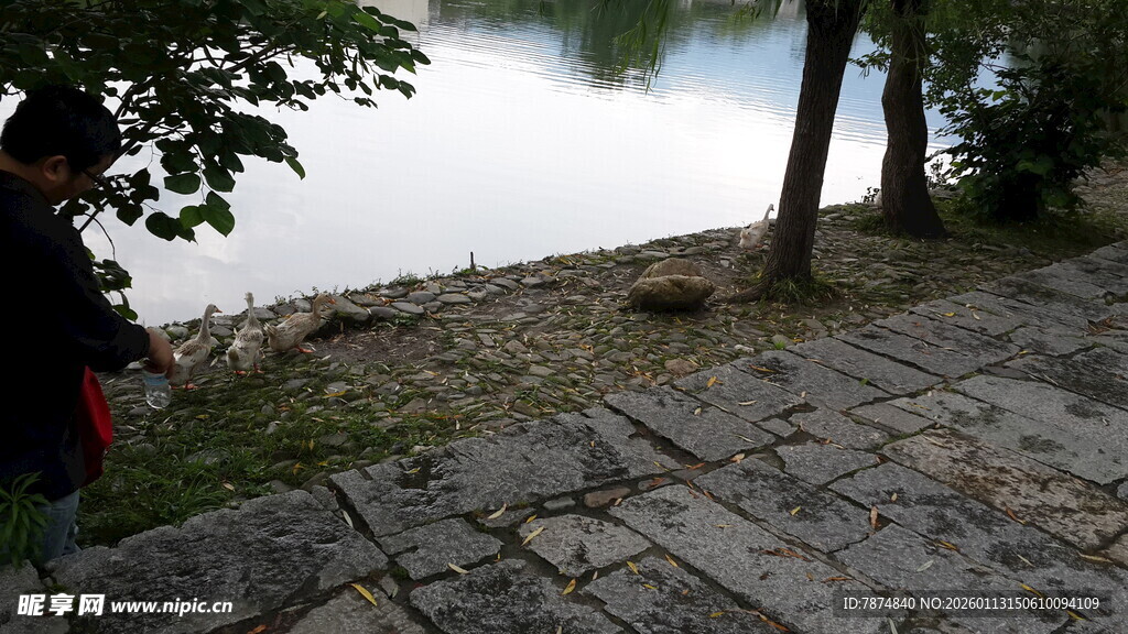 湖边石板路的休闲场景
