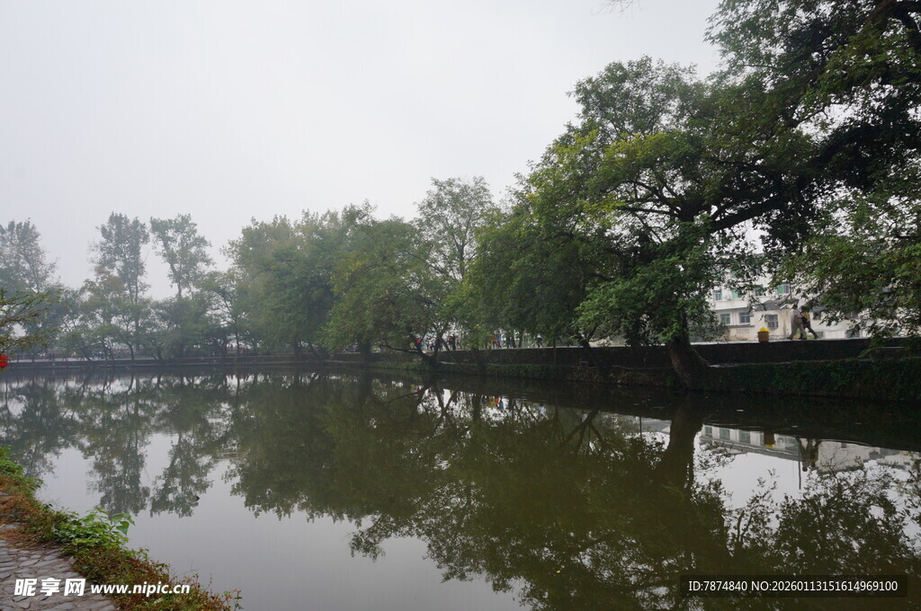 湖畔绿树环绕的静谧水域