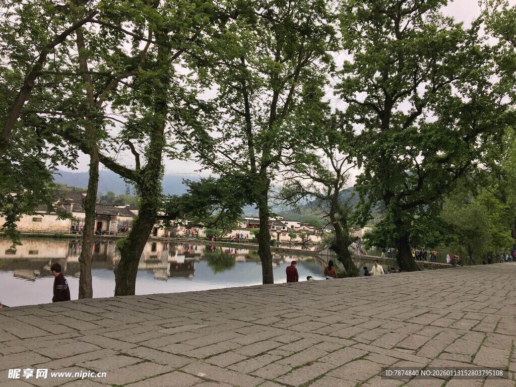 河畔绿树成荫的休闲步道