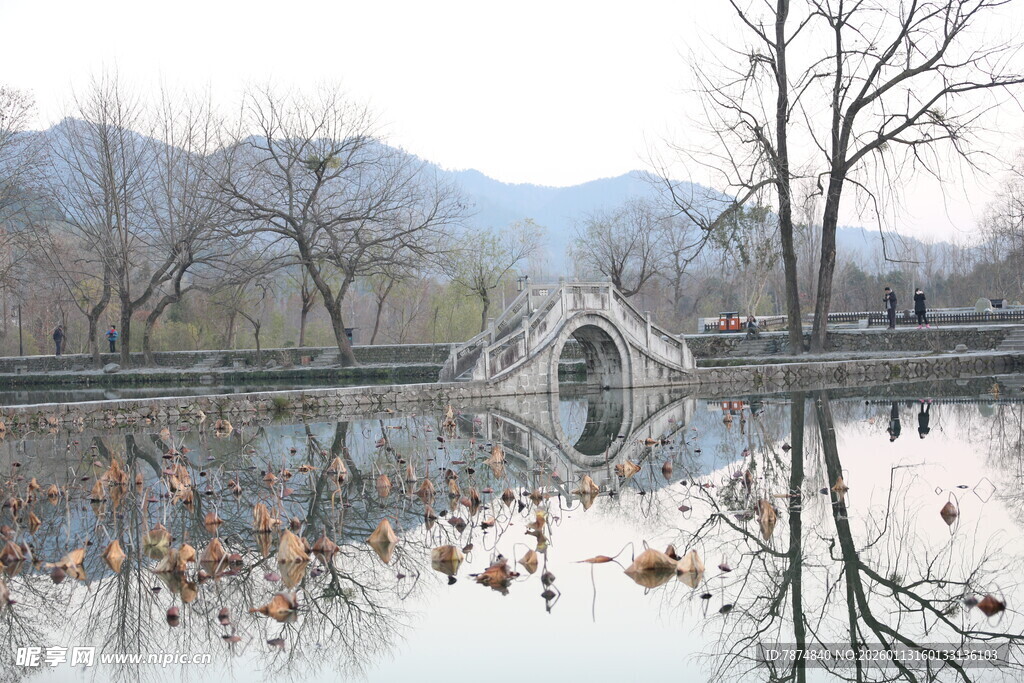 冬日湖景残荷石桥映远山