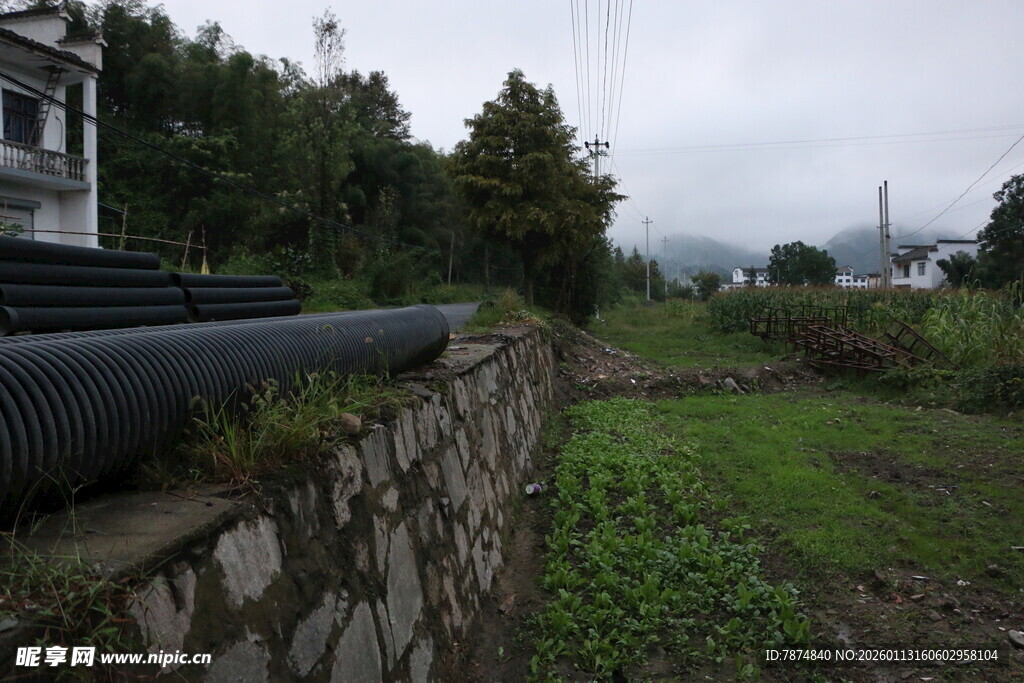 乡村石墙边的田园景致