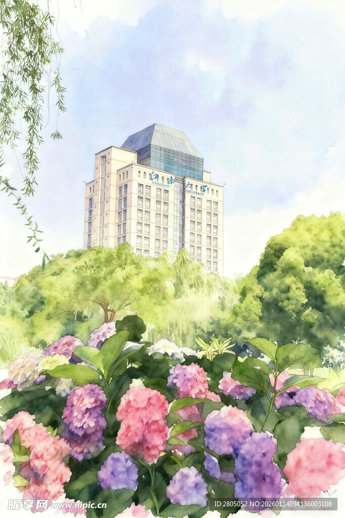 江南学府 大学 绣球花 水彩画