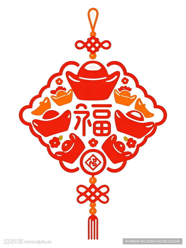 红色福字剪纸风中国结