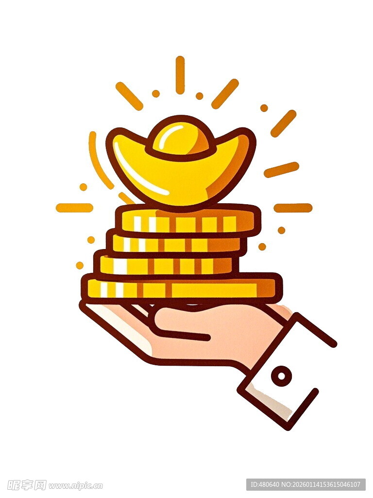 手捧金元宝与金币