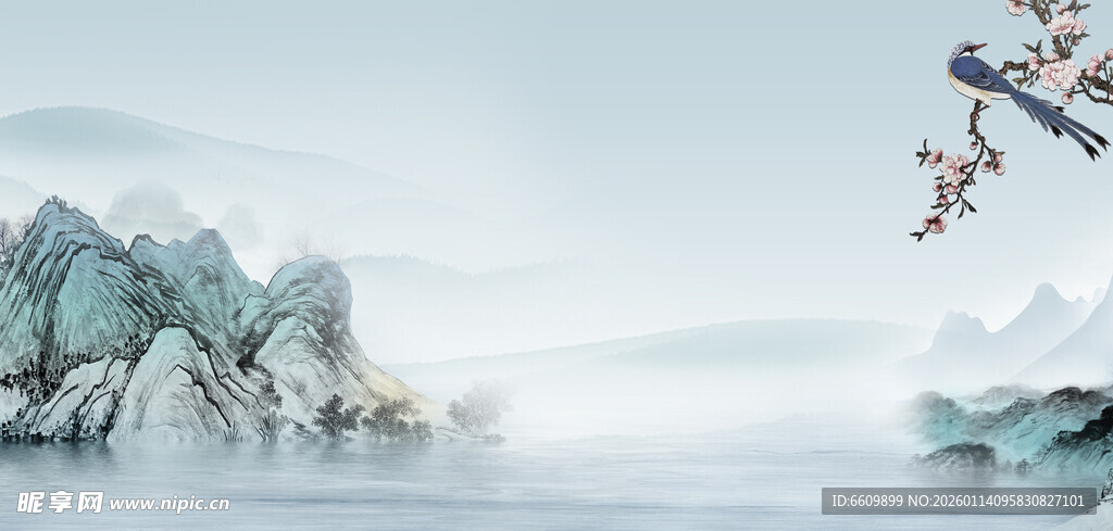 水墨山水间的灵动鸟儿