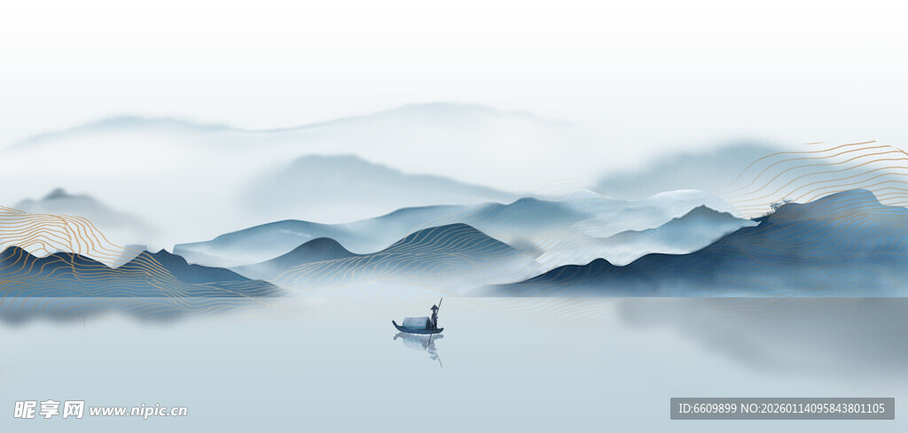 水墨山水间的孤舟