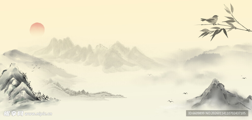 日出群山飞鸟图