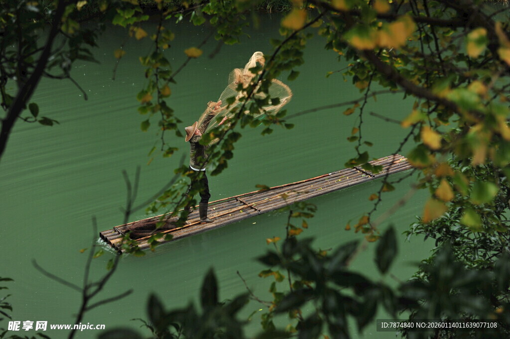 木筏上的人置身绿意之中