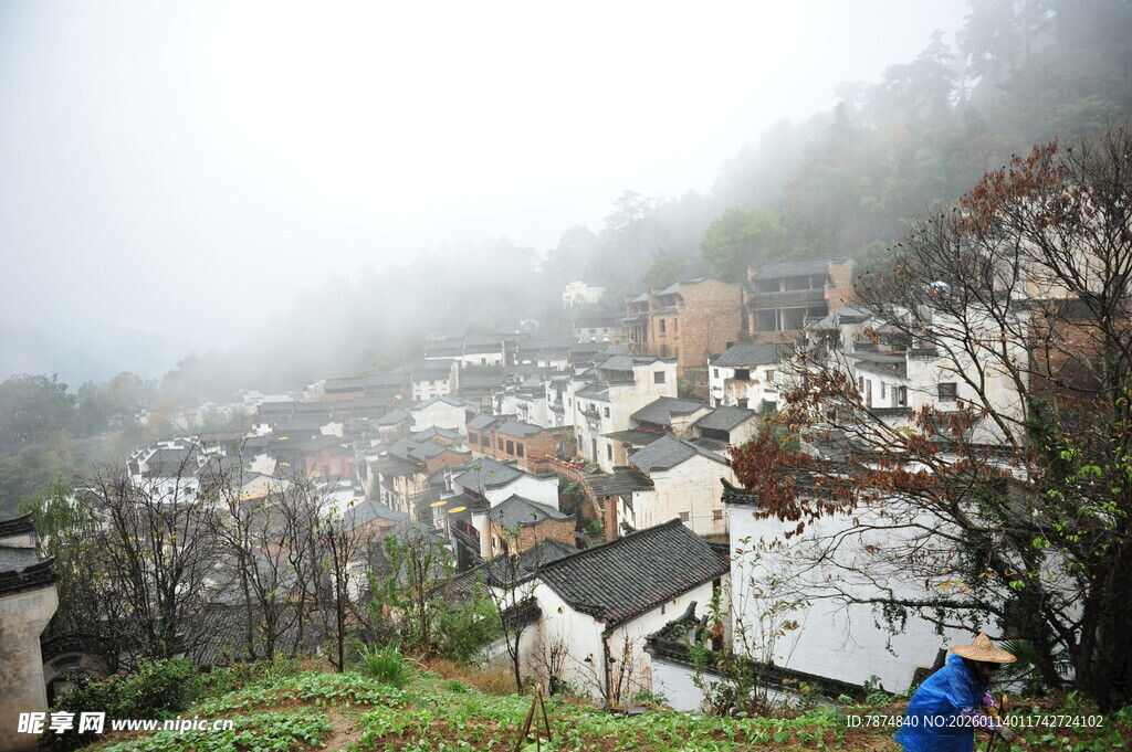雾中村落 静谧山居图景