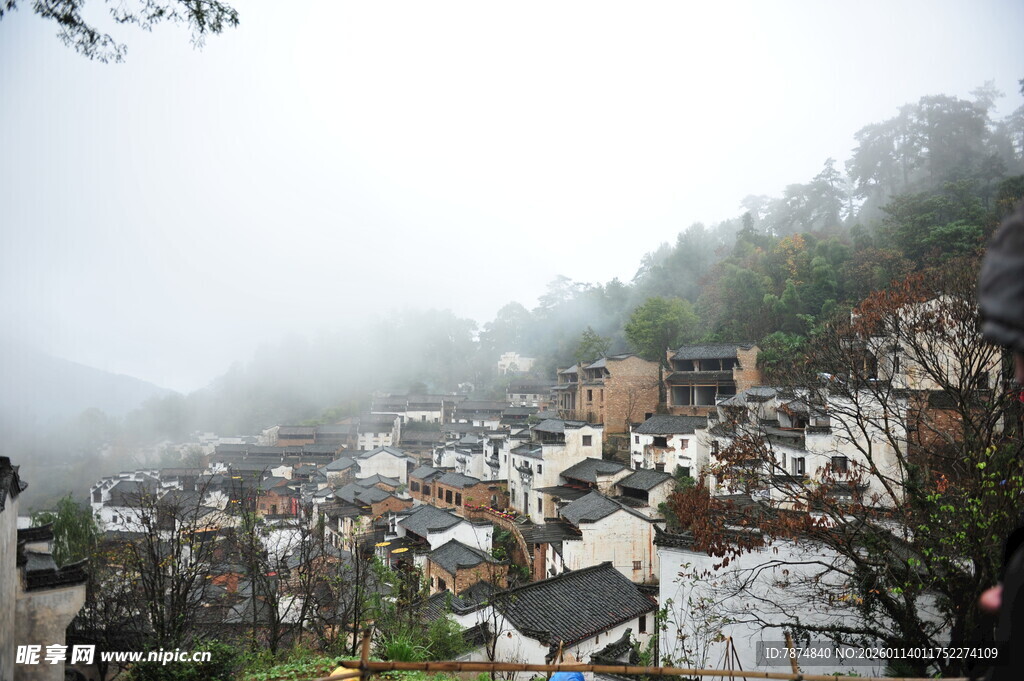 雾中山村景色