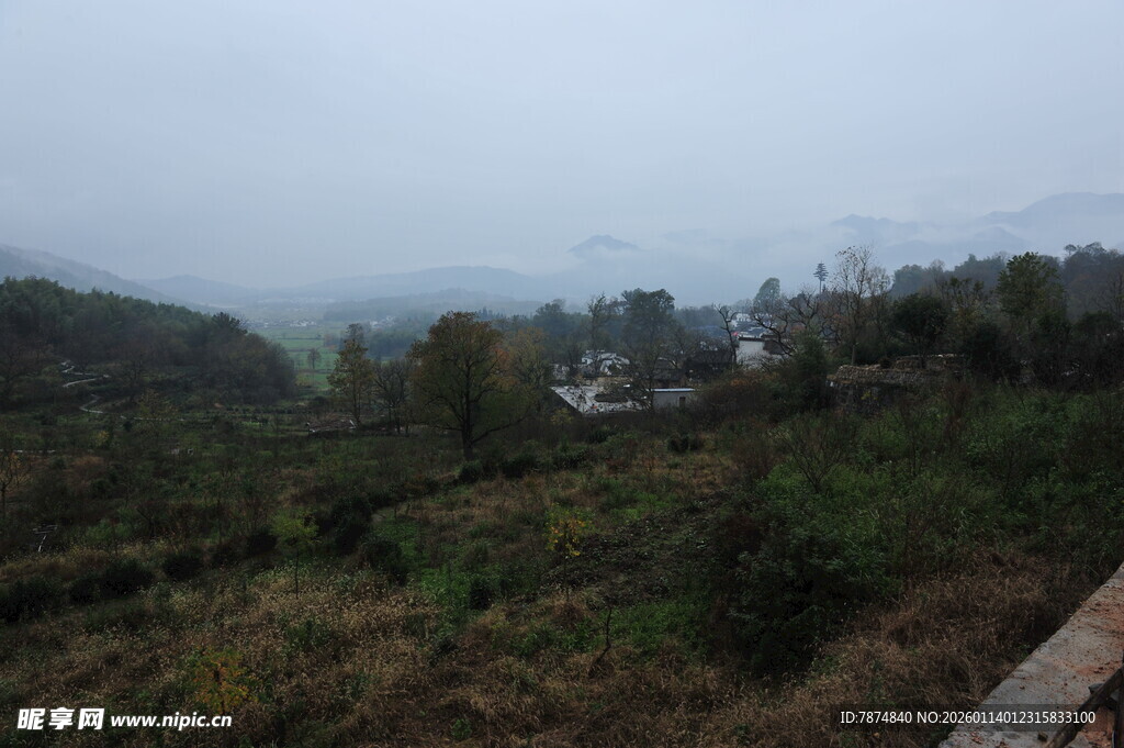 山间雾景 村落隐于绿野