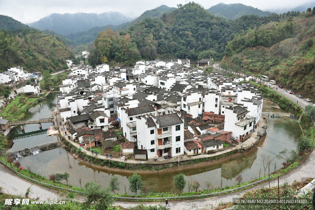 江南水乡古村落俯瞰图