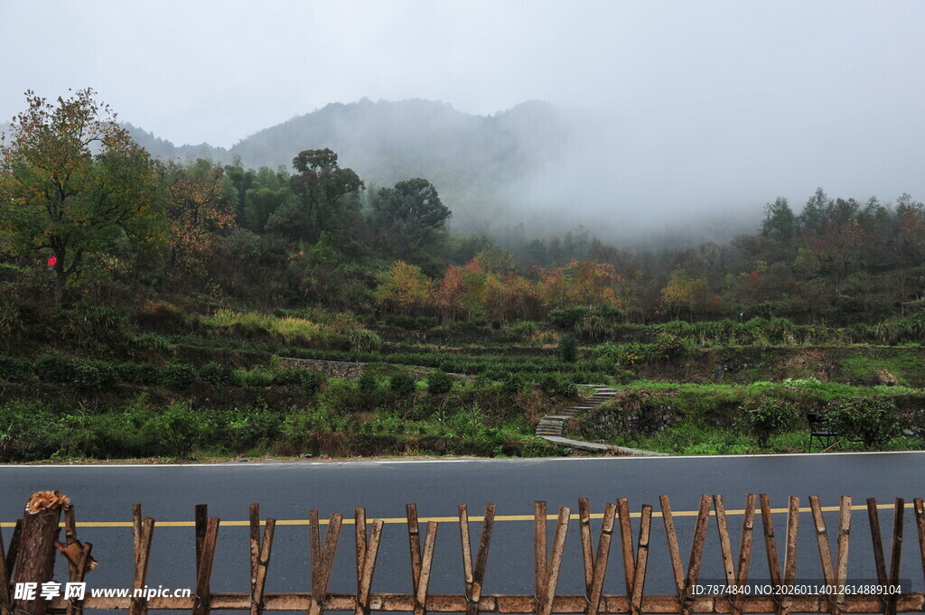 山间雾霭中的公路景致