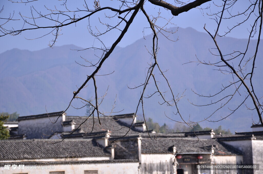 徽派民居与远山枯树