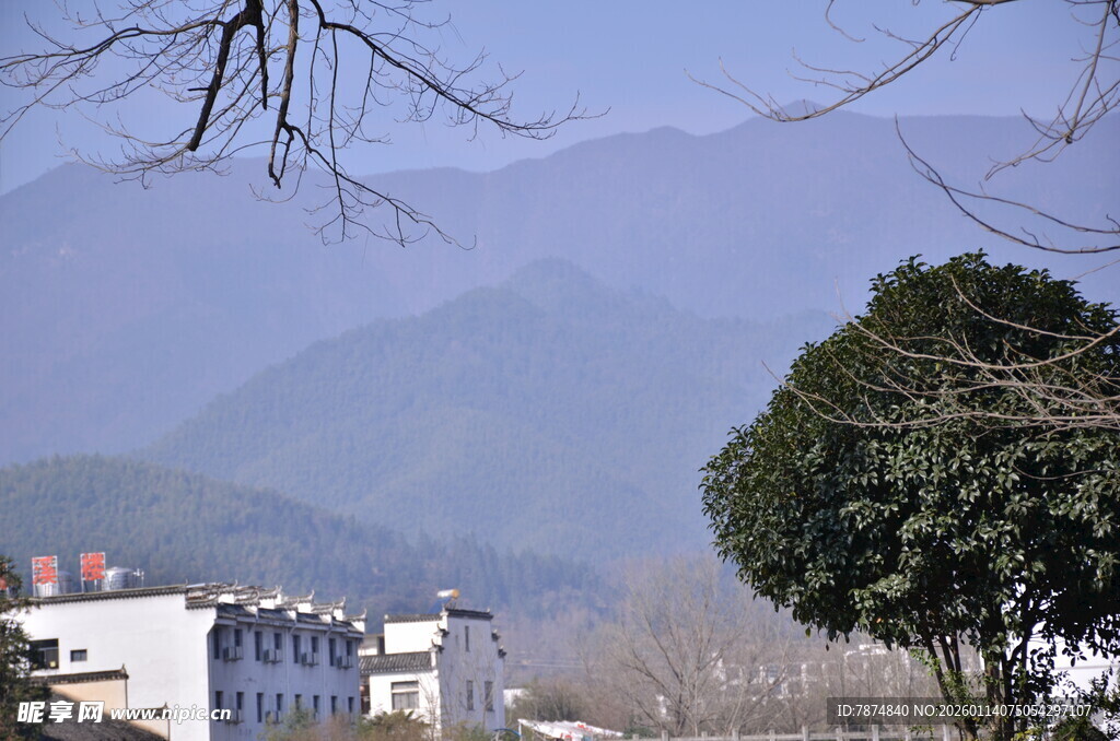 山村景致 远山近树与建筑