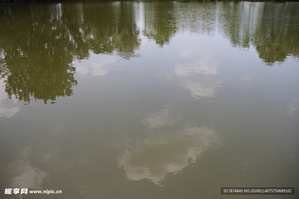 湖面倒映天空与绿树